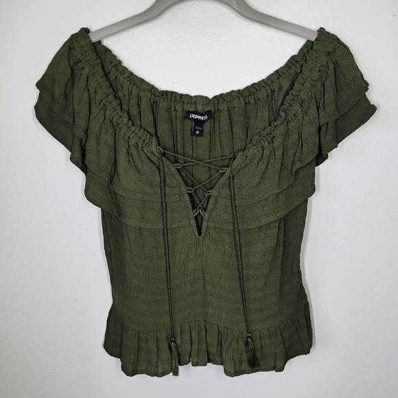 Express Milkmaid Top Womens XS Olive Green Babydoll Peasant Bohemian Ruffles - Picture 8 of 8